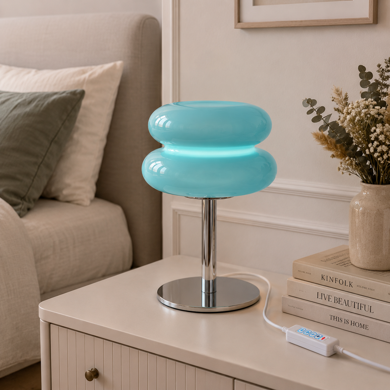 Blue Macaron lamp lit on a bedroom nightstand, with its inline USB switch visible