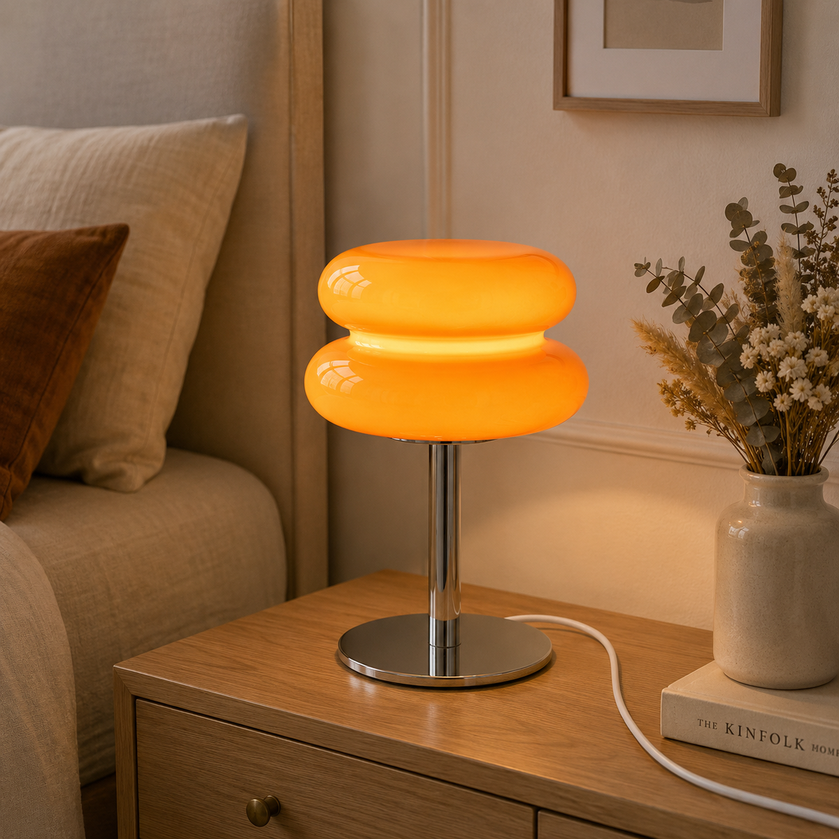 Orange Macaron lamp lit on a bedside table, casting a warm amber glow