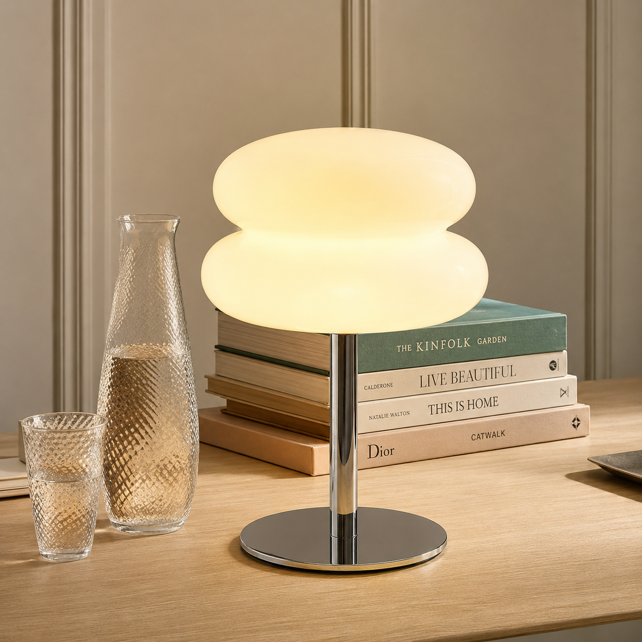 White Macaron glass table lamp glowing on an oak desk beside a carafe and design books